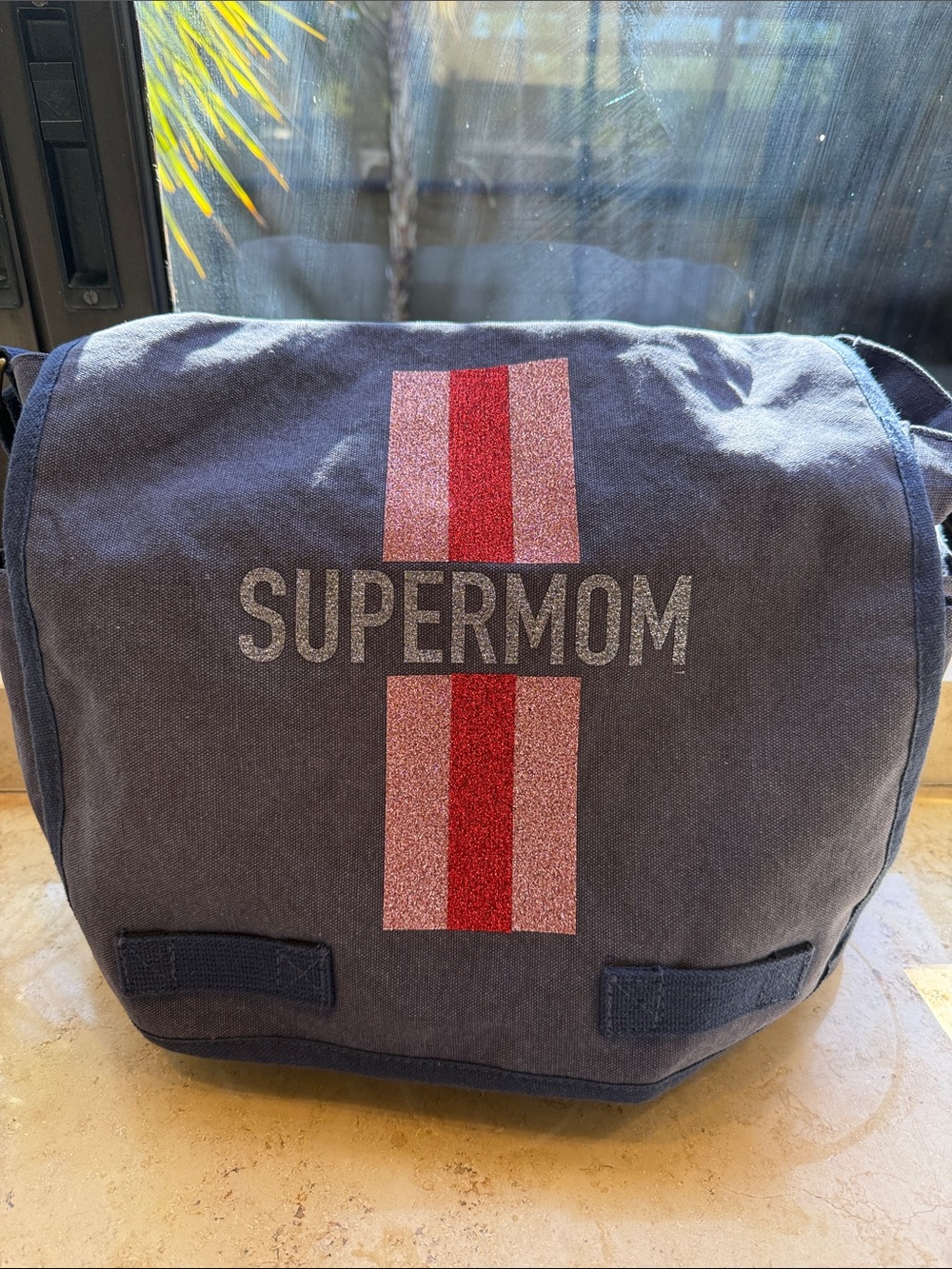 Hipchik Couture Supermom Navy Canvas Messenger Bag with Pink & Red Stripe-NWOT
